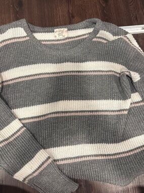 Hippie Rose Gray, Cream & Pink Striped Crewneck Sweater